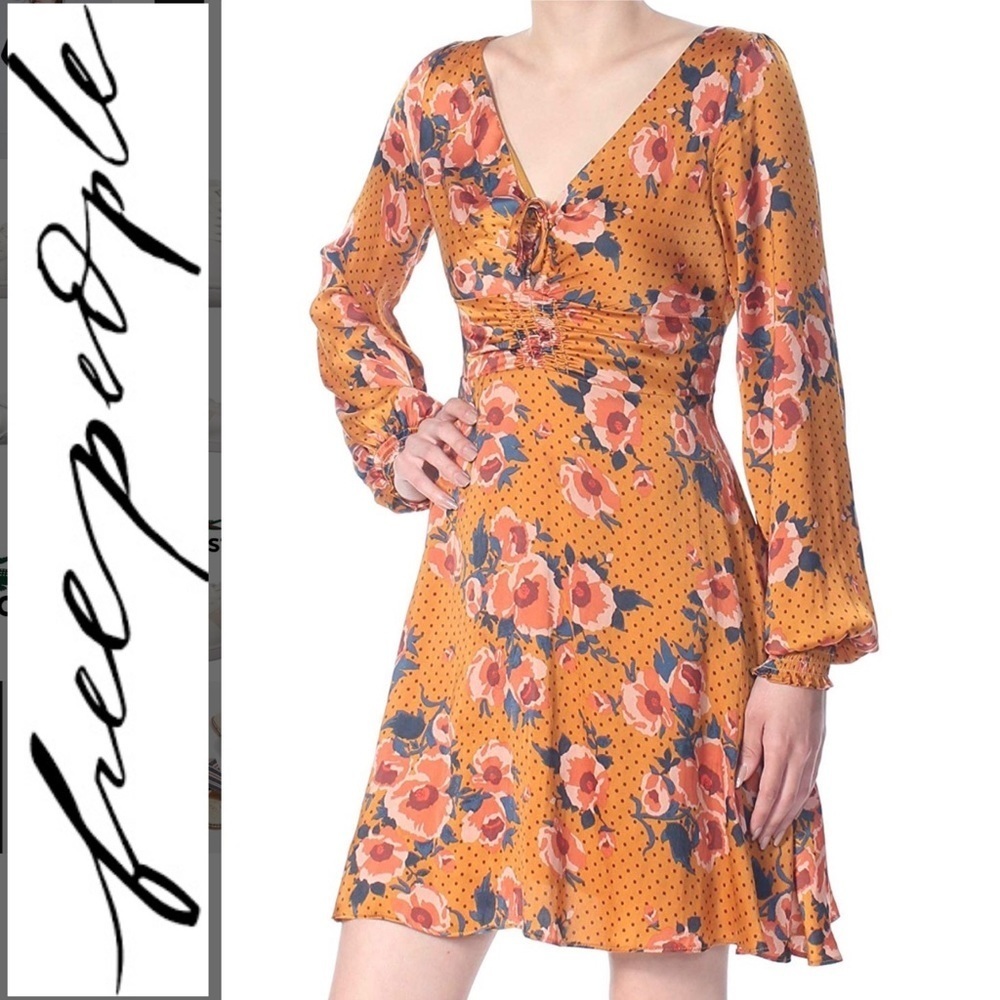 Free people floral dress top ruched yellow flower